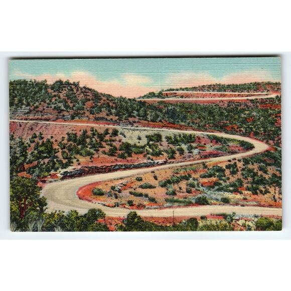 Vintage Linen Postcard Looking Up Raton Pass New Mexico Curvy Road - Picture 1 of 2